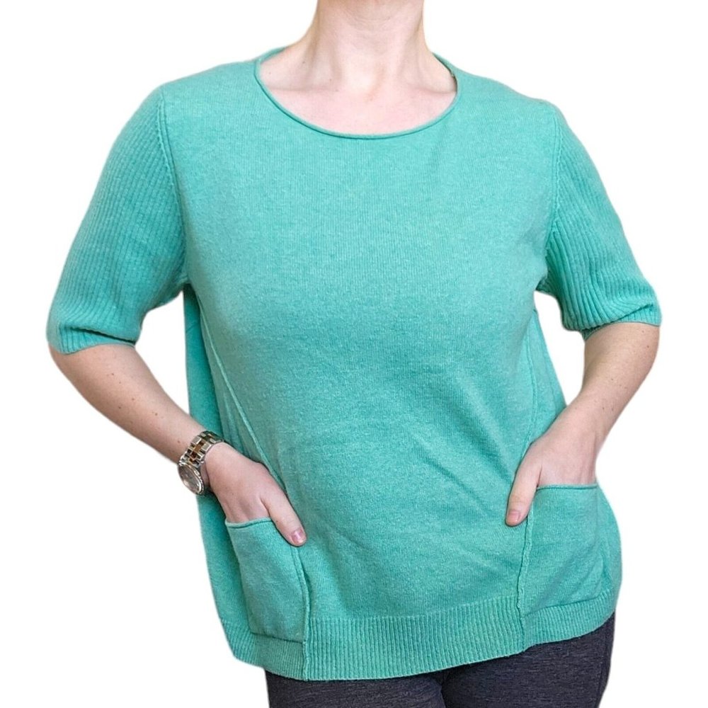Sundance Cashmere Large Green Sweater Short Sleeve Relaxed Fit Pockets Boxy